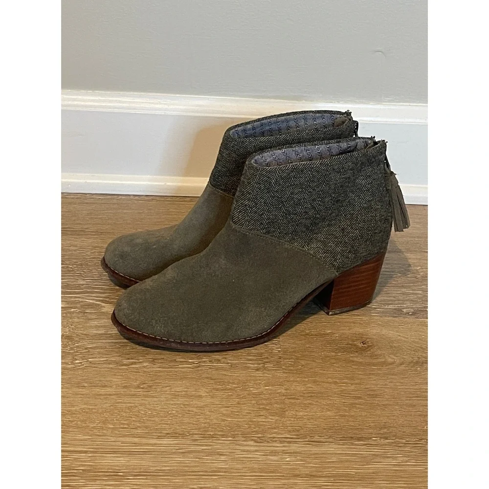 TOMS Olive Green Suede & Herringbone‎ Ankle Booties Block Heel Women's 6.5